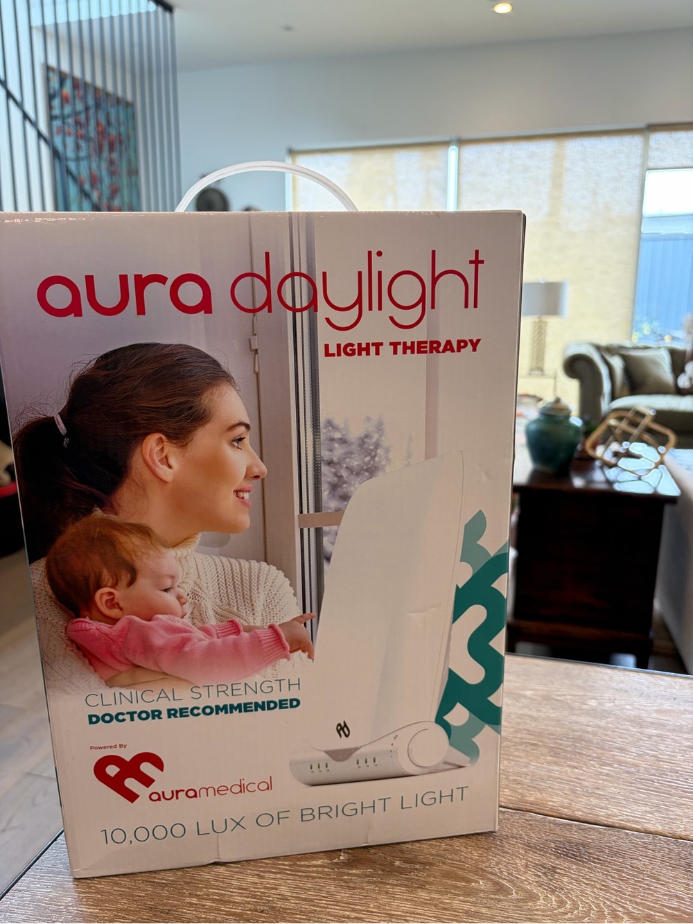 Aura Daylight Therapy Lamp - White with Teal Text Accents